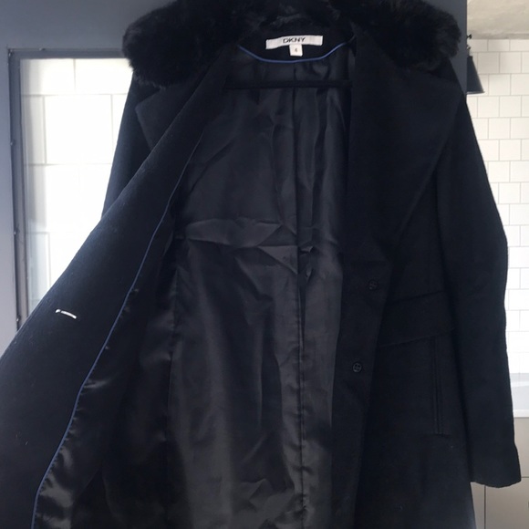 DKNY Black Faux Fur Collar Wool Coat - Picture 4 of 7